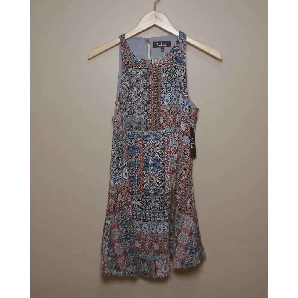 Lulus NWT Mosaic Tile Boho Shift Dress Small Sleeveless Rayon Made in USA